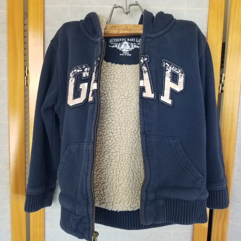 Baby GAP Sweatshirt Sherpa-Lined Logo Zip Hoodie in Navy Blue Size 5 Toddler Y2K